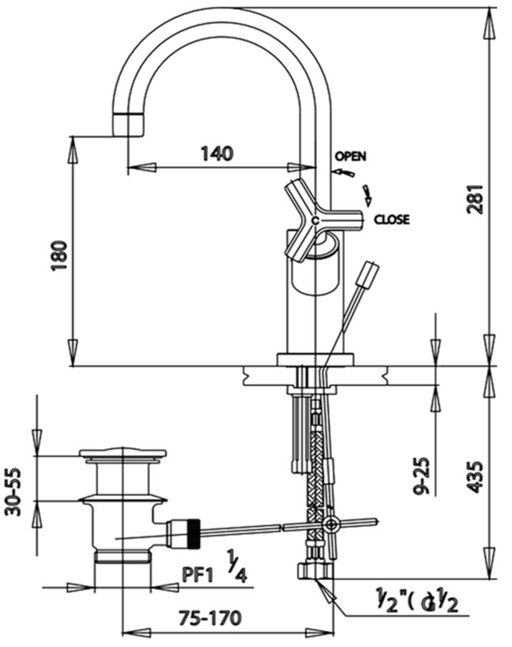 COTTO LAVATORY FAUCET ^CT239C19 CROSS SER. BASIN MXR