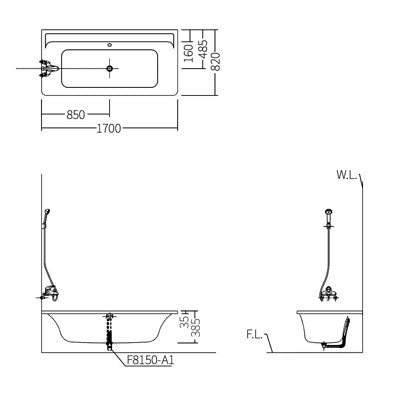 HCG BATHTUB RECESSED TYPE F6670 Acrylic 1.7m with knob type drain system (atleast 60 days order lead time)