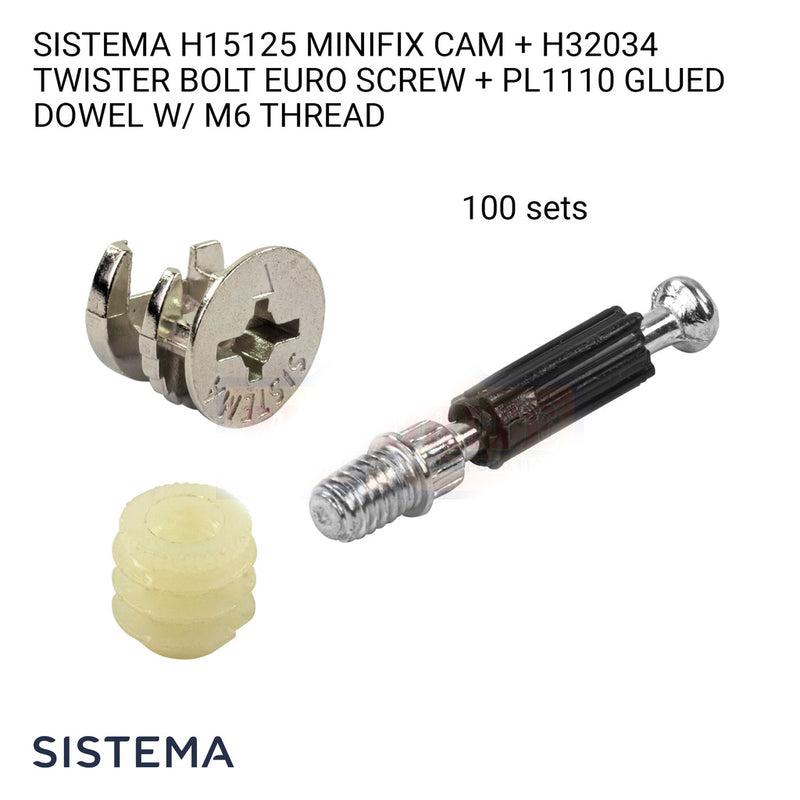 SISTEMA S32.H15125 Minifix Cam+S22.L7034J Connecting Bolt+S32.PL1110 Dowel+S32.L15A Trim Cap, Minifix Set 100set/pack